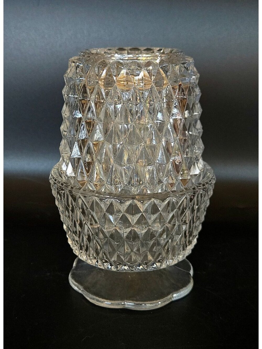 Gorgeous Diamond Point Indiana Glass Clear Fairy Lamp in Mint Condition 5.25"